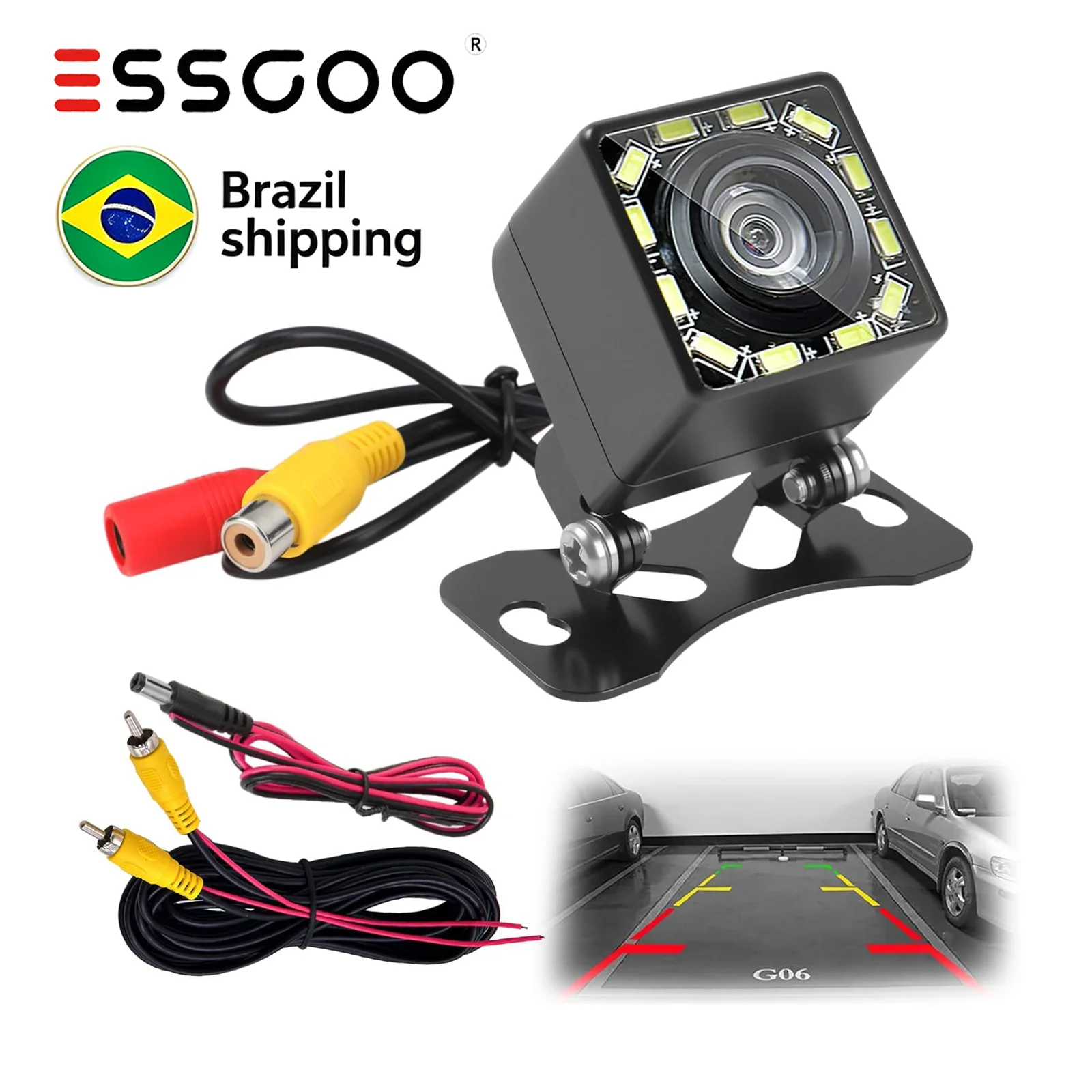 Câmera de Ré para Carro ESSGOO com 12 LEDs, Visão Noturna, Câmera de Estacionamento à Prova d'Água IP68, Imagem e Vídeo em HD