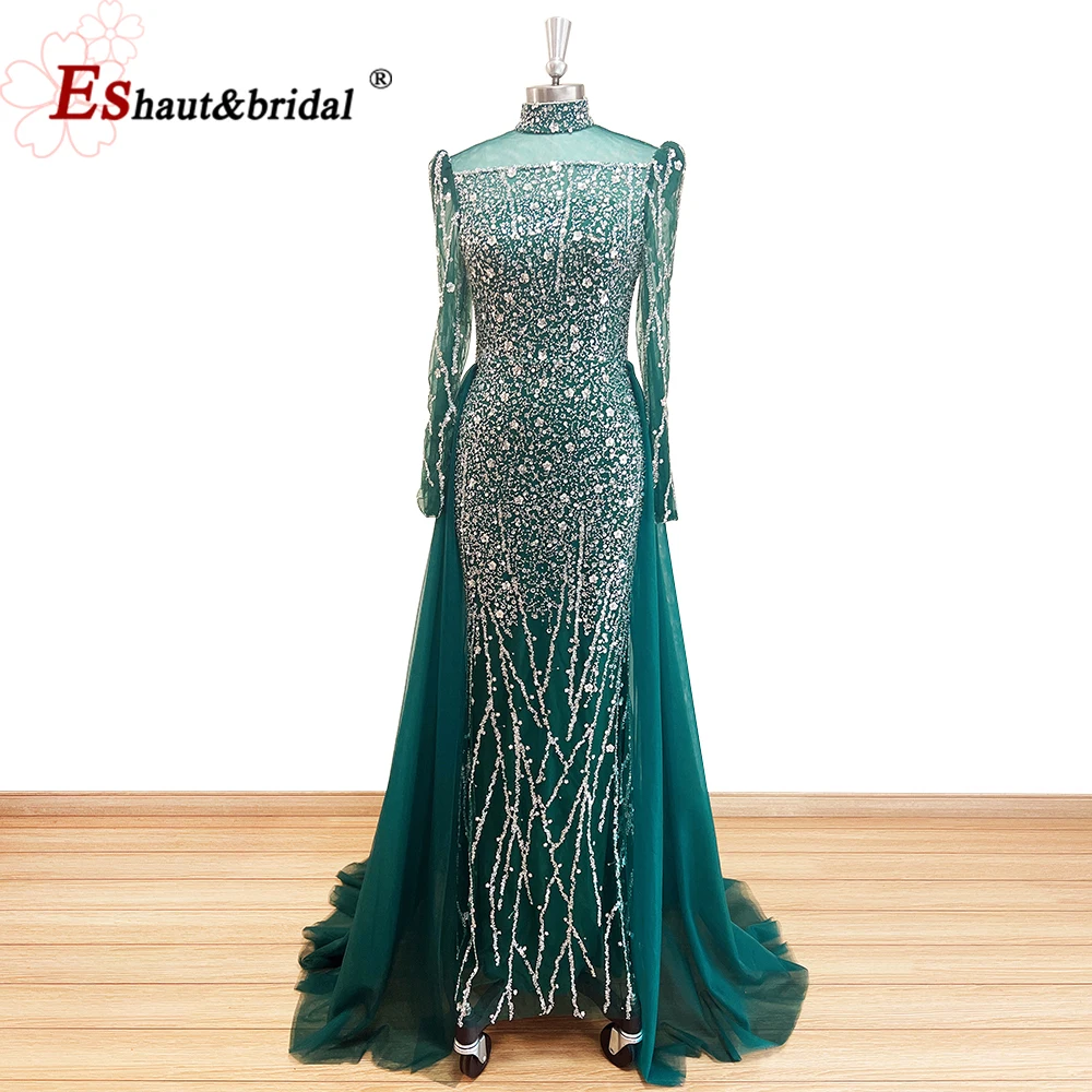 Elegant Muslim Mermaid Dubai Evening Dress for Women 2024 Long Sleeves High Neck Beads Formal Prom Wedding Party Gown Customized