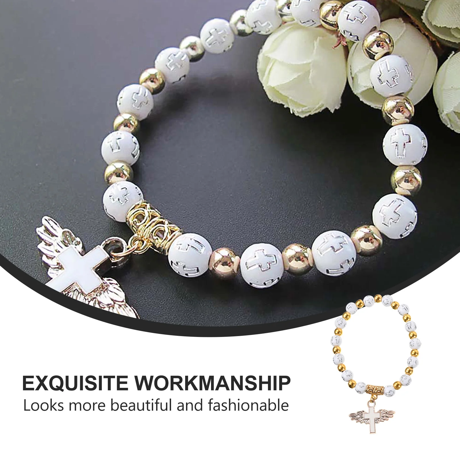 

12Pcs Children Rosary Bracelet White Crucifix Angel Beads Perfect Baptism Jewelry Gift for Kids Travel Cross Beads Bracelet