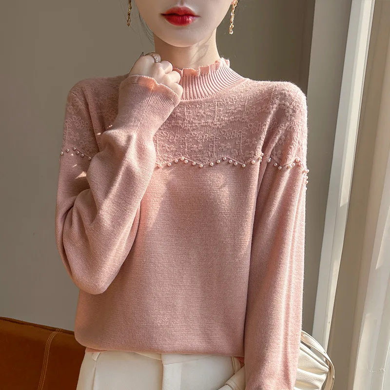 

French Style Ruffled Half Turtleneck Fine Wool Knitted Sweater New Autumn Winter Crochet Beaded Base Shirt Women