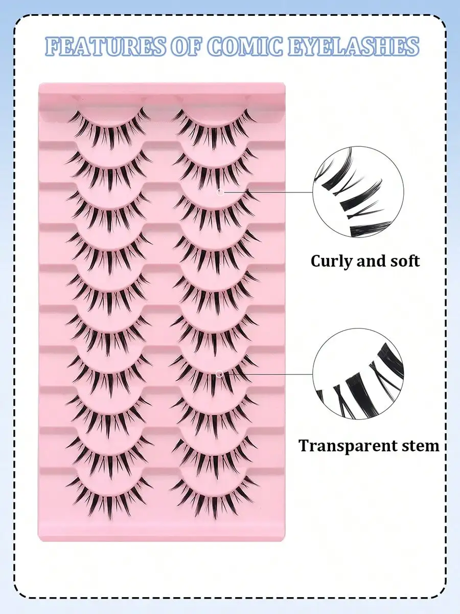 10 pairs of natural transparent stems, fake eyelashes, thin and curled comic style suitable for beginners, reusable, suitable