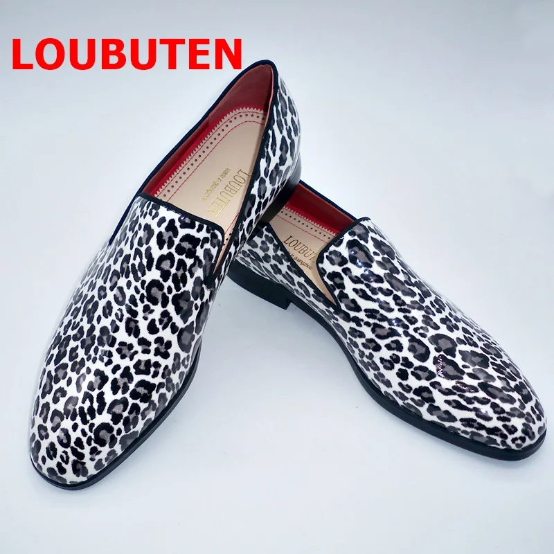 

LOUBUTEN Summer Men Leopard Shoes Handmade Patent Leather Loafers Flats Luxury Designer Dress Shoes For Man Mocassin Homme