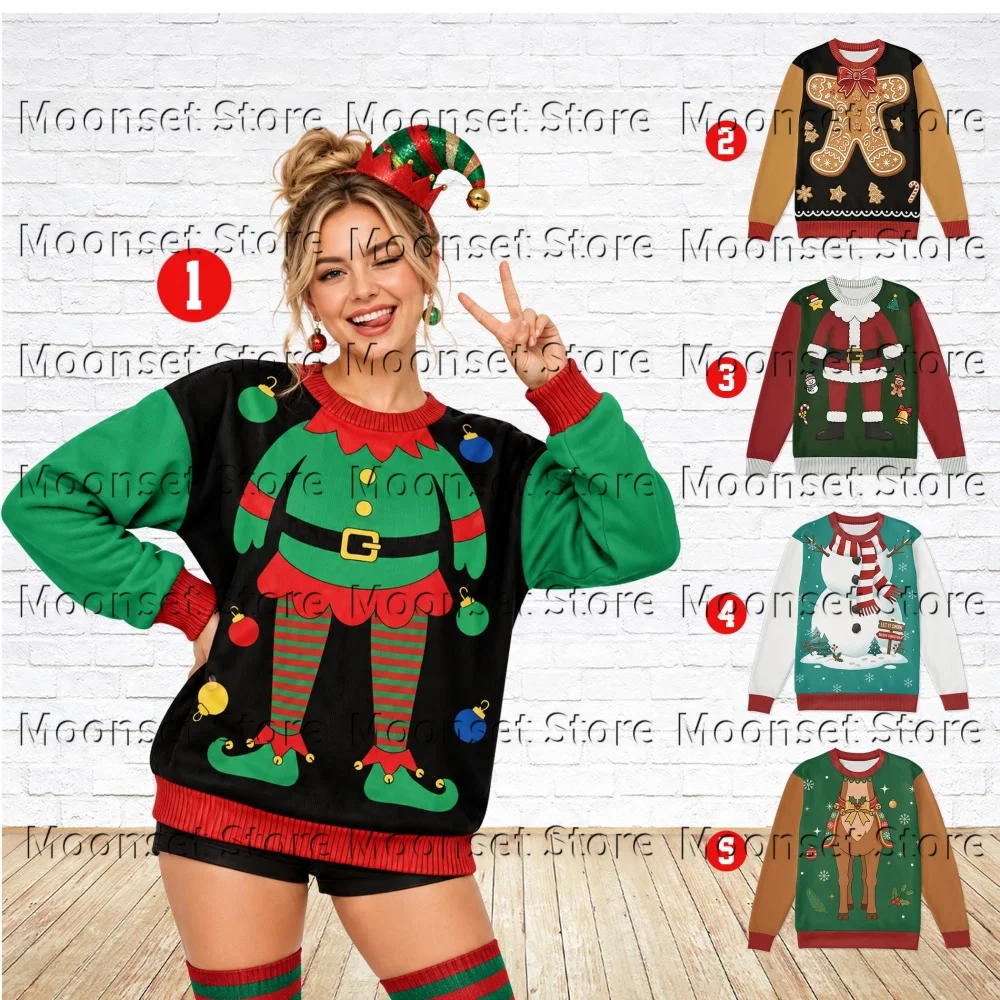 Women Christmas Crew Neck Sweatshirt Multiple Styles Elf Santa Snowman Gingerbread Print Long Sleeve Pullover Kids Casual Tops