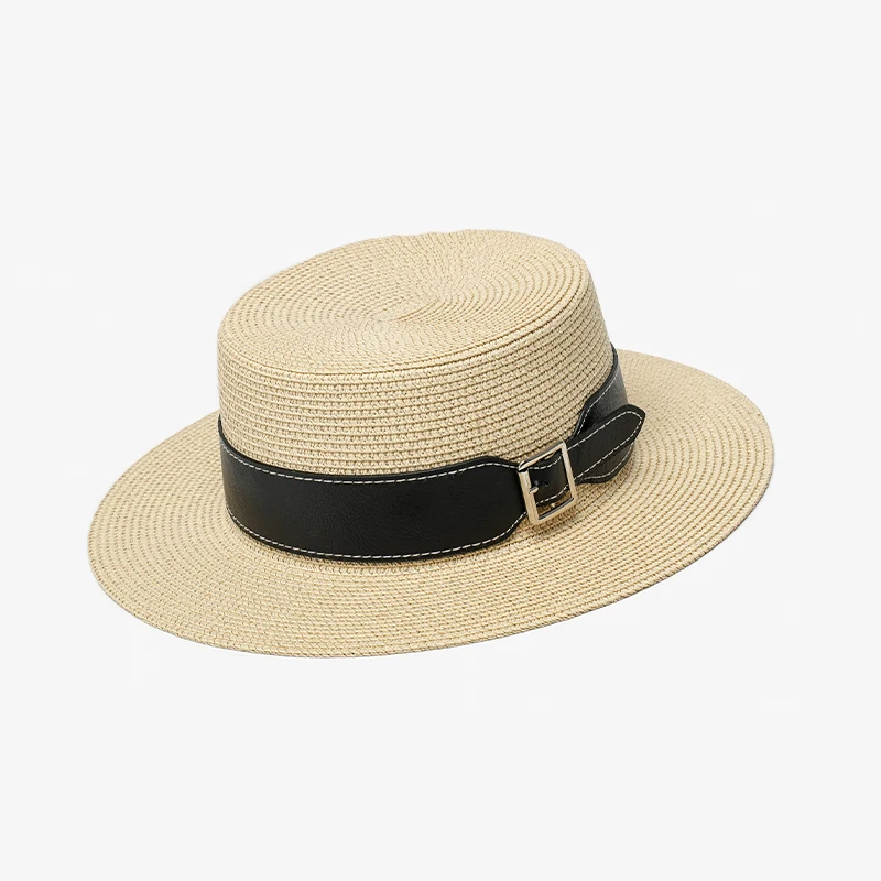 BEAU TODAY Straw Hats Women Paper Straw Khaki Wide Brim Black Panama Metal Decotarion Summer Beach Fashion Ladies Sun Caps 96505