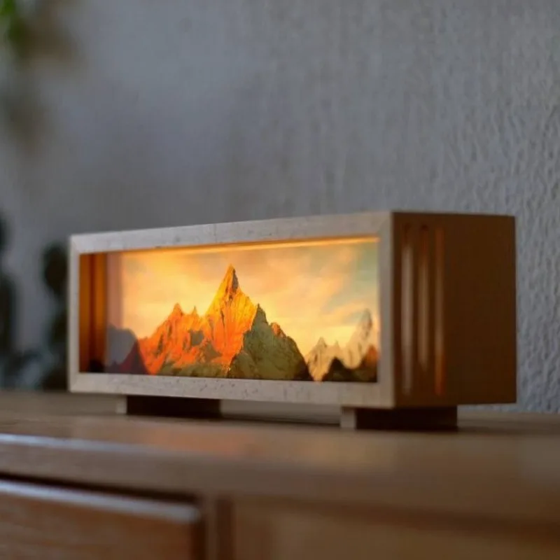 

Artificial Wood Color Charge Figurines Cuboid Sunrise Mountain Desktop Figurines Modern Creative Luxury Luminous Home Decor