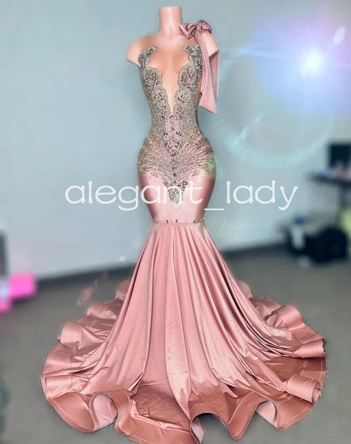 

Rose Pink Long Mermaid Evening Formal Dresses for Women 2025 Sparkly Diamond Crystal Black Girl Prom Birthday Gala Gown