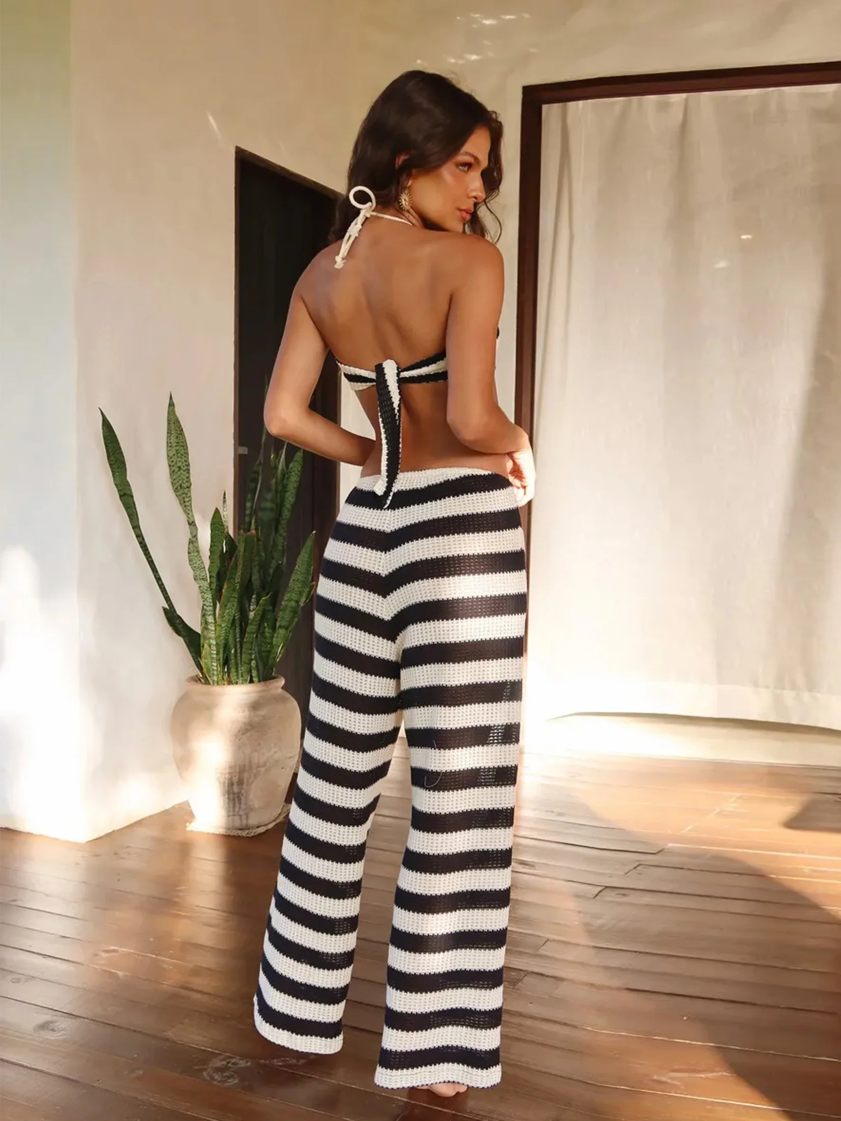 보헤미안 스트라이프 니트 투피스 비키니 세트 2025 여성용 홀터 브라렛 크롭탑 하이웨이스트 비치 팬츠 세트 휴가용 수영복 C162