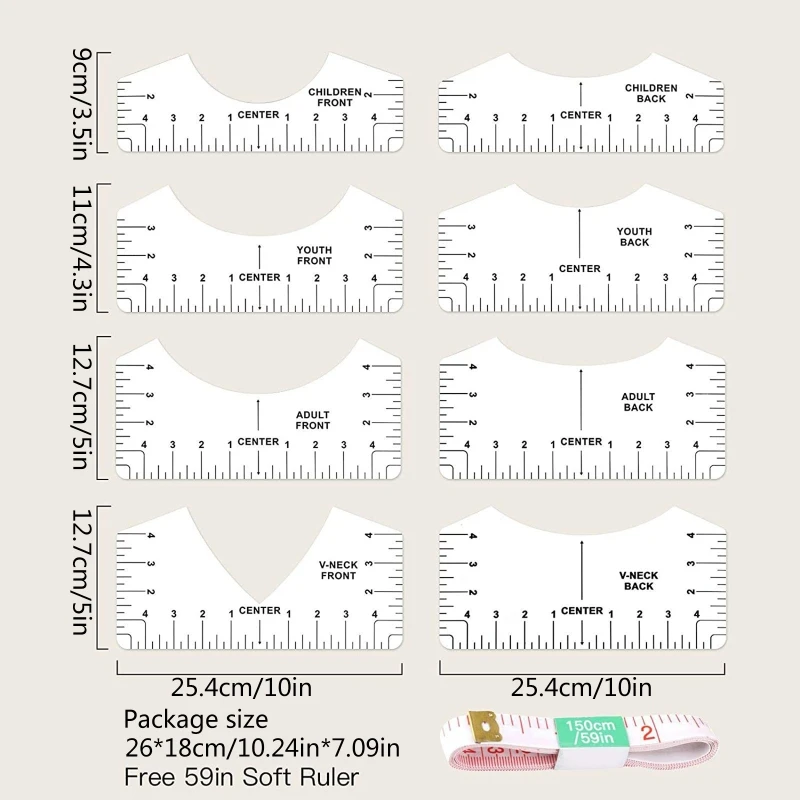 8pcs T-Shirt Alignment Ruler Guide Tool to Center Designs for Vinyl Placement Sublimation Heat Press for Adult Youth Toddler