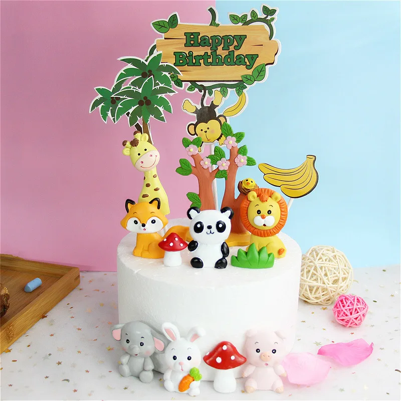 Forest Lion Elephant fox Pattern Jungle Animal Cake Topper set for Kids Birthday Wild Safari Party Cake Decoration