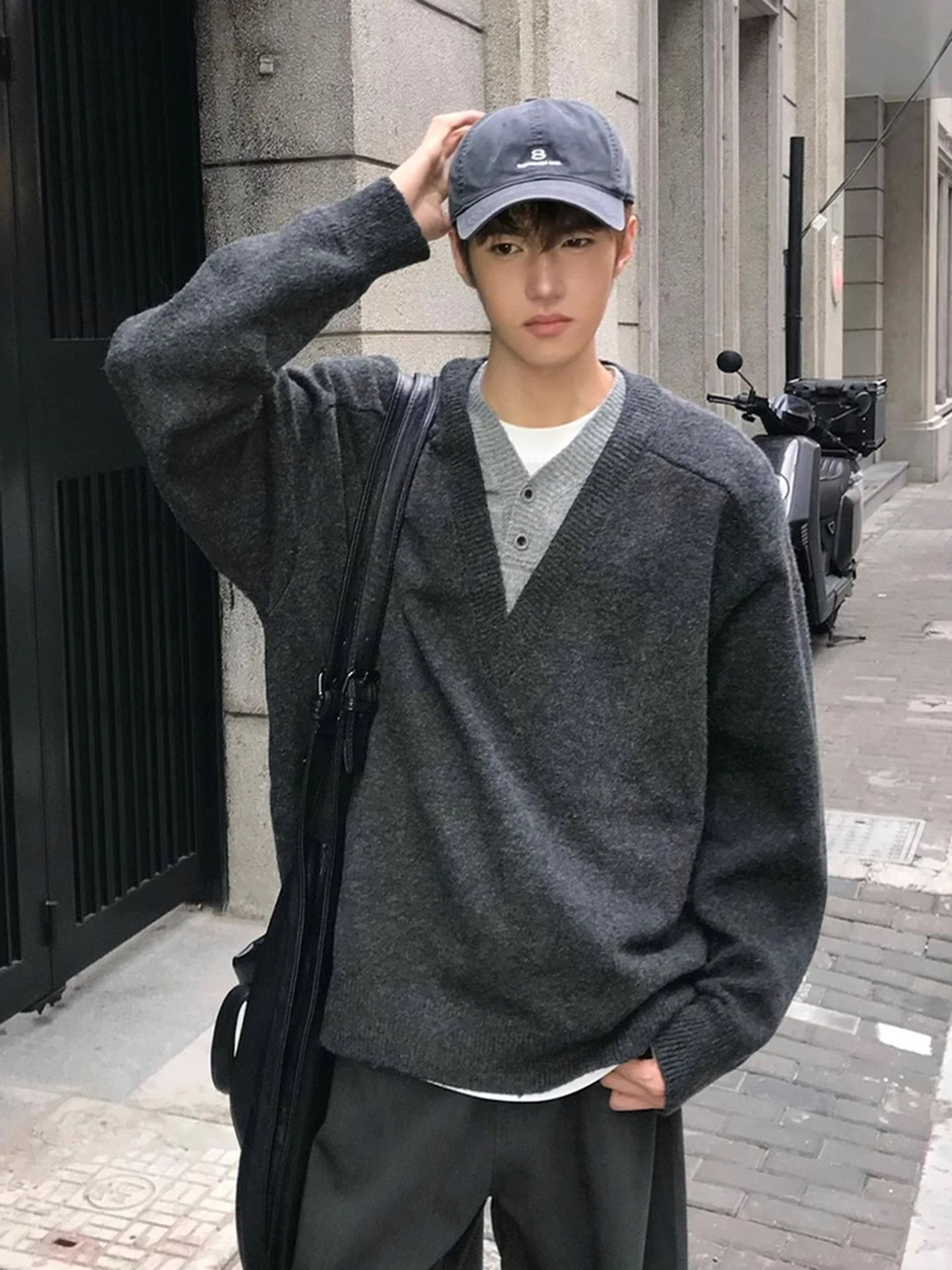 Suéter de Punto con Cuello en V para Hombre, Cseta Interior, Estilo Clásico,  Informal, Hoado, de Manga Larga, Cálid...