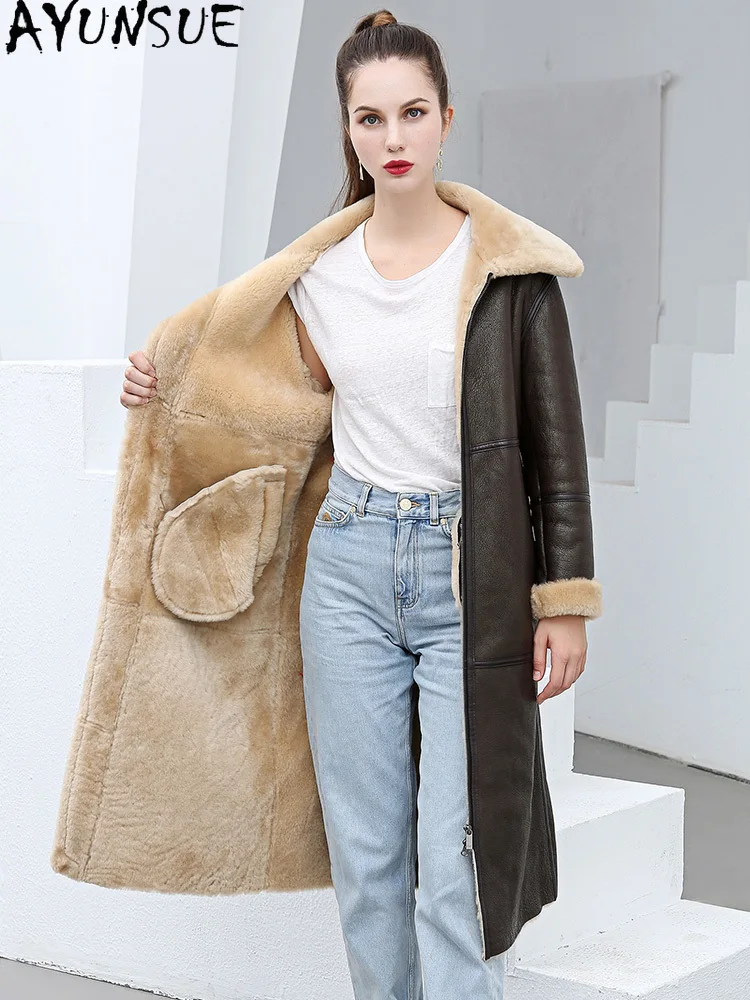 AYUNSUE 진짜 가죽 자켓 여성 겨울 코트 양모 천연 양피 모피 코트 여성 의류 롱 스타일 Пальто Женское