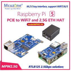 MPW2.5G,Raspberry Pi 5 PCIE to WiFi7 and 2.5G ETH HAT,M.2 E key interface, support WiFi7, WiFi6, WiFi5,RTL8125