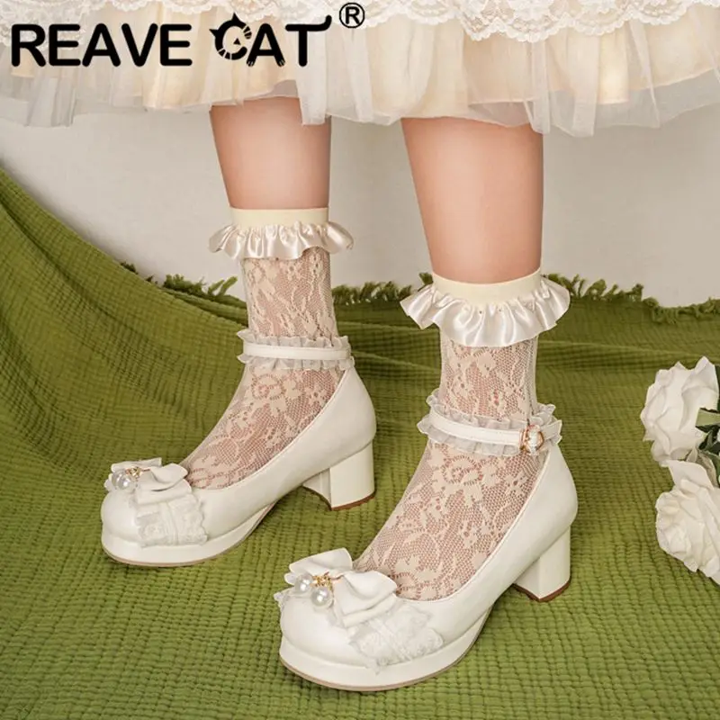 

REAVE CAT 2024, милые туфли-лодочки в стиле Лолиты для девочек, 28, 29, круглый носок, массивный каблук, платформа, бант, бусины, пряжка, ремешок, большой размер 47 48