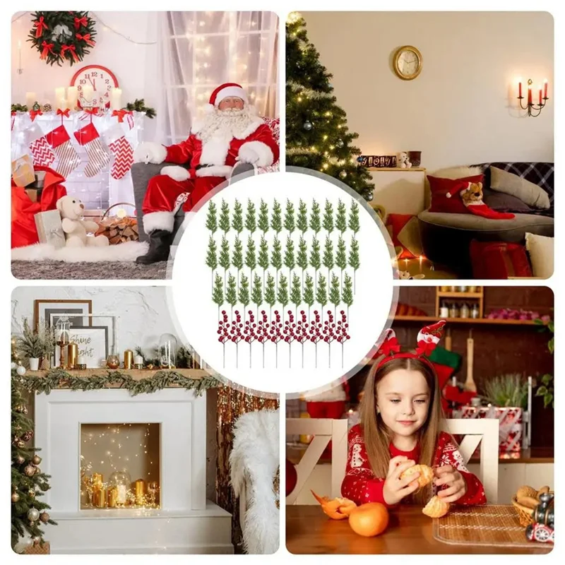 

45Pcs Decorations Artificial Pine Branches Holly Berries Red Berry Stems For Xmas Tree Wreaths Gift Greenery