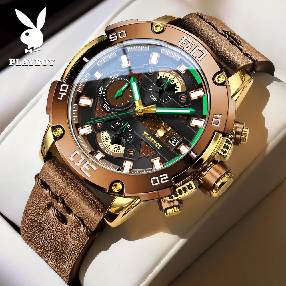 

Мужские часы PLAYBOY, модные повседневные часы с кожаным ремешком, автоматическим датером, хронографом, водонепроницаемые, светящиеся, спортивные, кварцевые наручные часы 3520