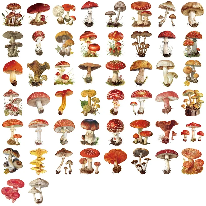 50PCS Vintage Red Mushroom PET Sticky Sticker Aesthetic Stationery DIY Decoration Scrapbooking School Supplies for Kids