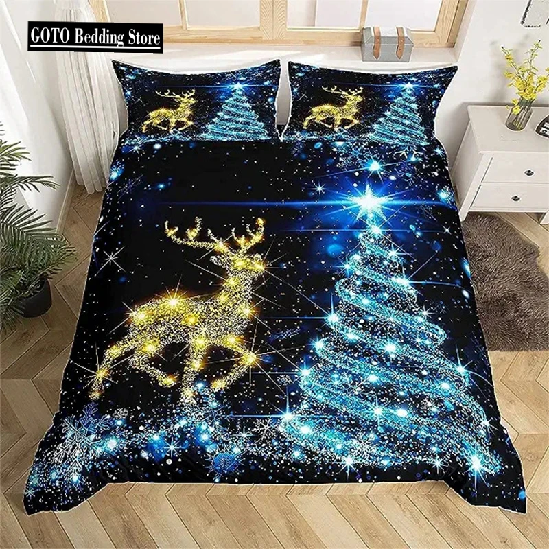 

Christmas Duvet Cover Gold Reindeer Bedding Set Boys Girls Room Decor Blue Christmas Tree Comforter Cover Western New Year Theme