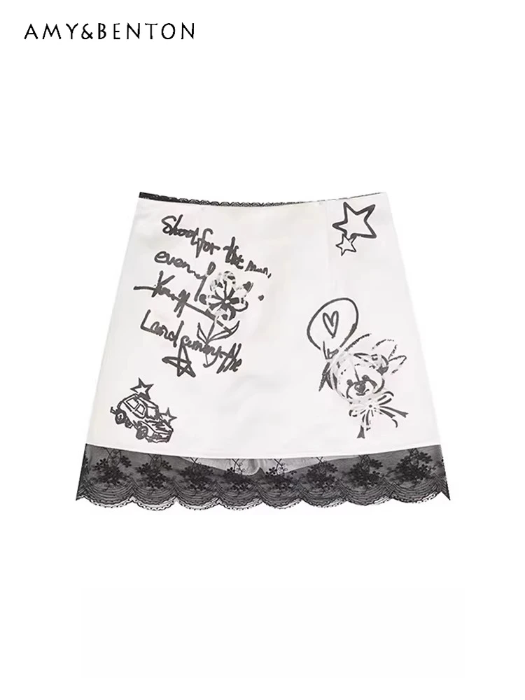 

Летняя женская юбка А-силуэта 2026 в японском ретро-стиле с забавным принтом щенков и граффити, кружевными вставками и коротким белым облегающим кроем