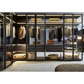A Custom Modern Glass Door Solid Wood Wardrobe Clothes Organizer Bedroom Furniture Luxury Wooden Walk in Closet Storage Wardrobe