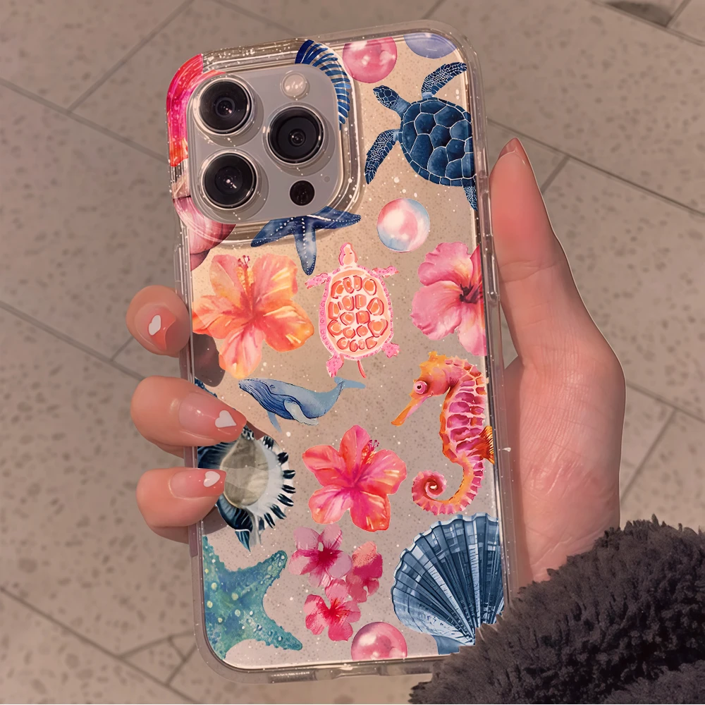 Summer Sea Turtles Clear Glitter Phone Case For iPhone 17 15 13 16 12 11 14 Pro Max 17 Air XR X 16e Cases Shockproof TPU Cover view 6