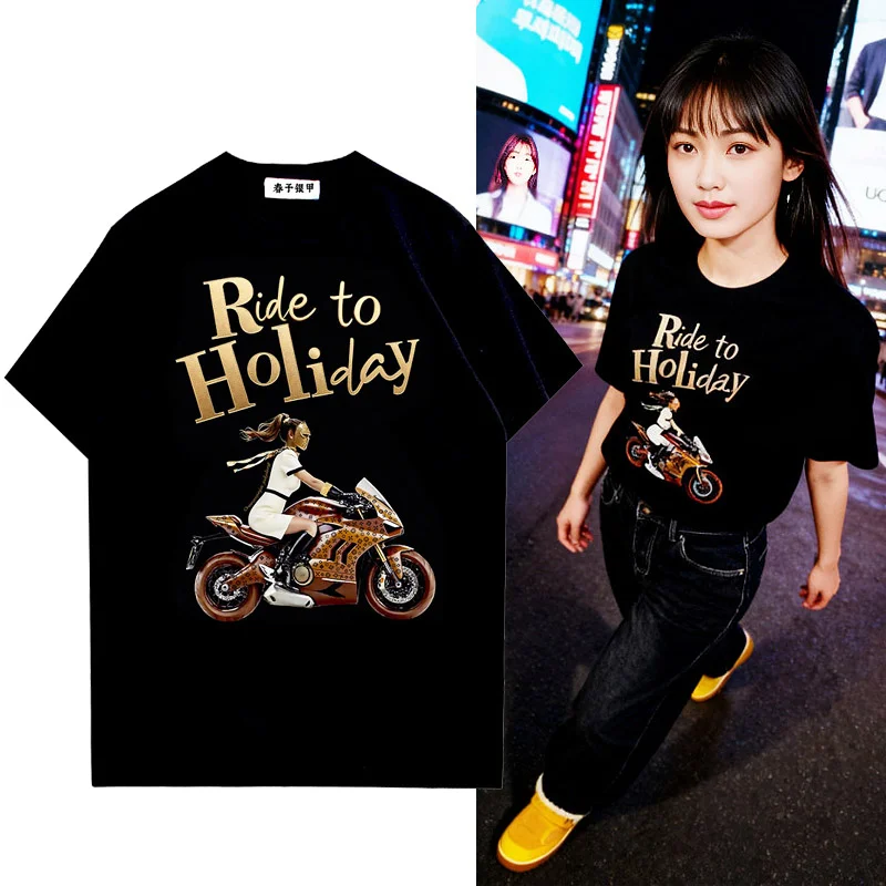 

2025 Fashion Motorcycle Street Style Women's Loose round Neck Short Sleeve T-Shirt Letter Print Casual Comfortable Top