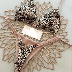 Conjunto de Bikini brasileño con Tanga para mujer, traje de baño Sexy de dos piezas con estampado de leopardo, cintura alta, 2024