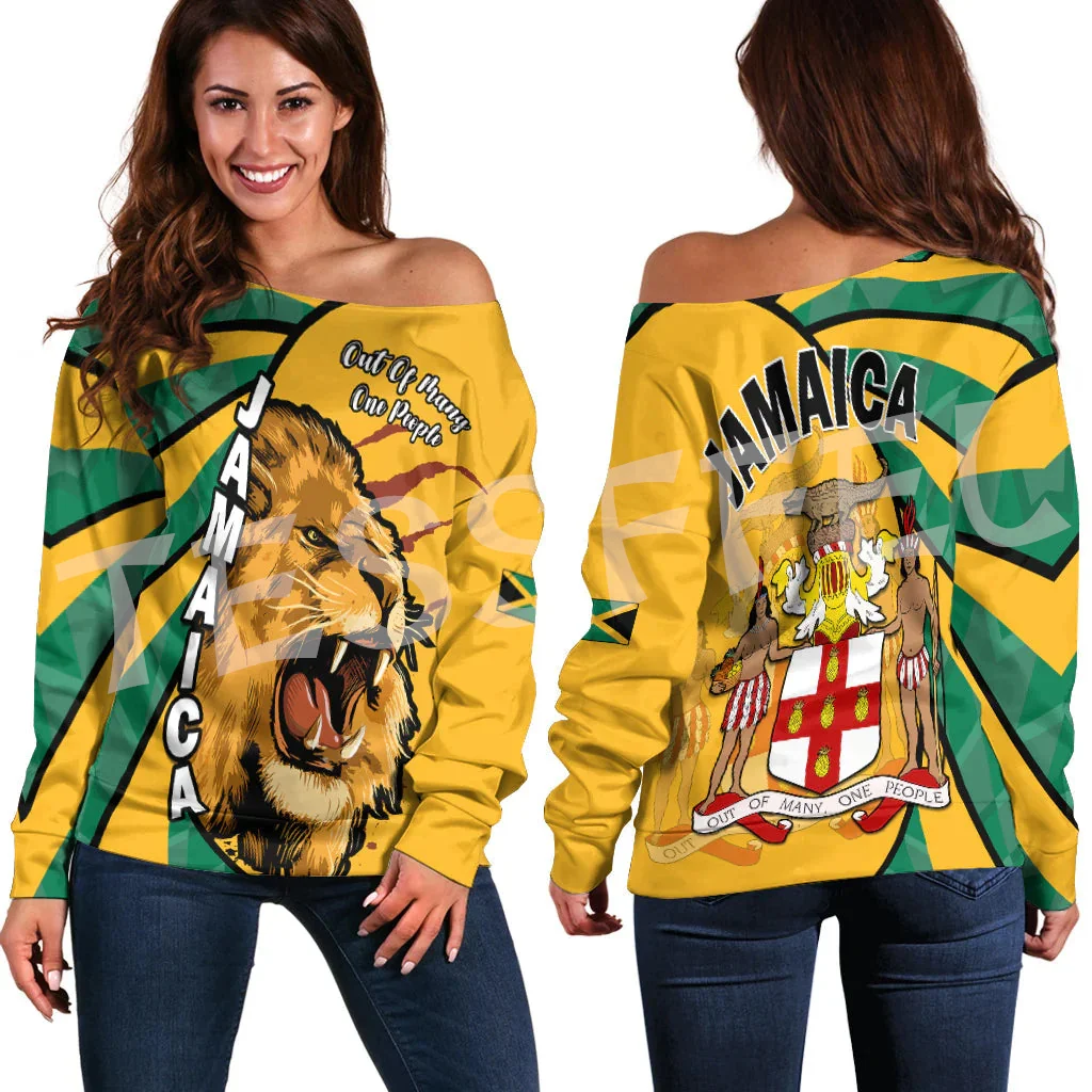 

Reggae Jamaica Country Flag Lion Tattoo Tribe Retro Off Shoulder Sweatshirts Long Sleeves 3DPrint Harajuku Women Funny Casual X1