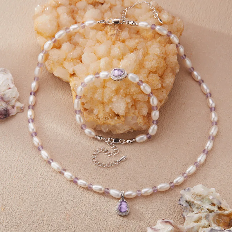 

Pearl Amethyst 925 Silver Beaded Strand Jewelry Sets With Rosary Necklace And Bracelet For Women Gourd Charm Dainty Trendy Gift