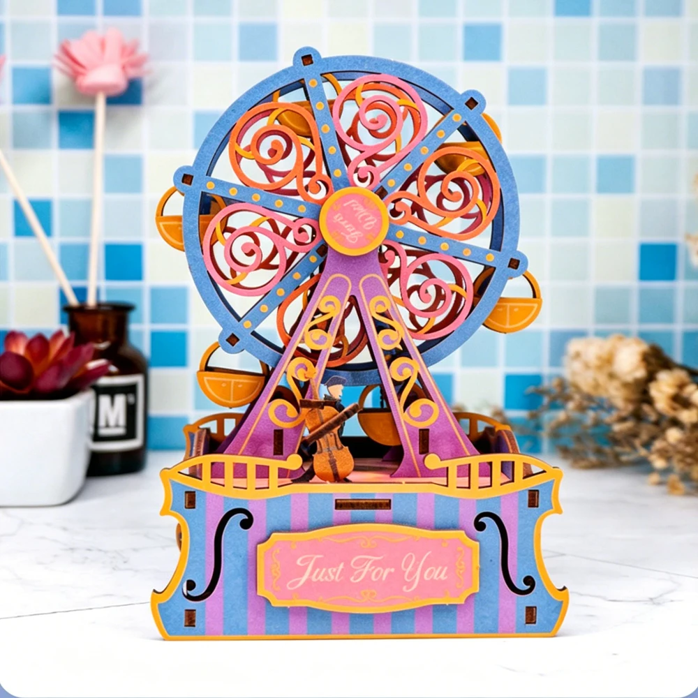 Romantic Ferris Wheel Music Box – DIY Wooden 3D Model Kit with Canon in D Melody, Smooth Rotation, Ideal Gift for Couples