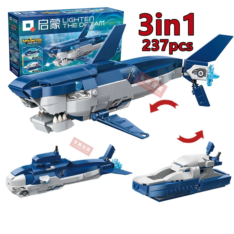 237pcs 3in1 Shark Submarine Military Yacht Model Education Building Blocks Compatible small particle Boy Toys Gifts