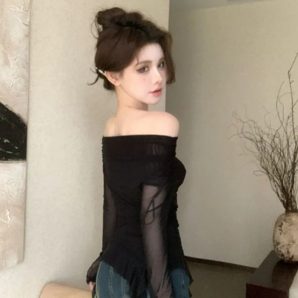 ストリートウェア クラゲ メッシュ ベルト Tシャツ 韓国 Y2K インス オフショルダー カラー スリムフィット クロップトップス イレギュラー エルフ 長袖