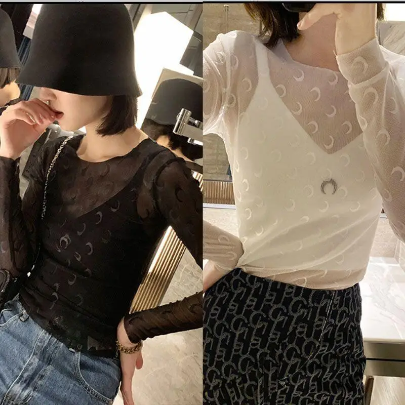 

Mesh T-Shirt Women Long Sleeve Sun Protection Summer Sexy Hollow Out Top Solid Color Slim Fit Streetwear