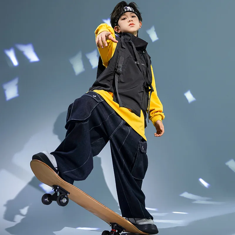 Boys Street Dance Hip Hop Outfit Jazz Modern Dance Costume Yellow Sweatshirt Black Vest Black Jeans Set Performance Rave Clothes