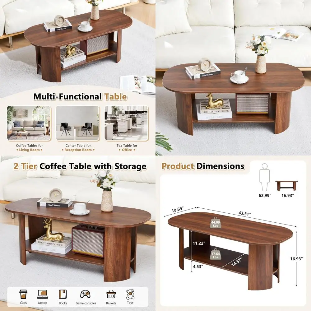 Walnut 2-Tier Storage Coffee Table, 43.3 Living Room Furniture, Compact Design for Home or Office