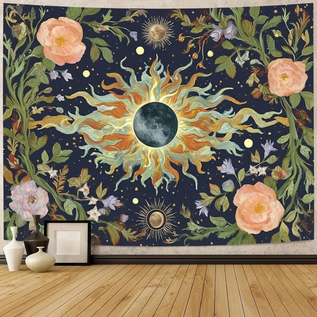 Gran Tapiz Bohemio de Sol y Luna para Colgar en la Pared - Decoración Vintage Cósmica de Día y Noche con Sol, Luna, Estrellas y