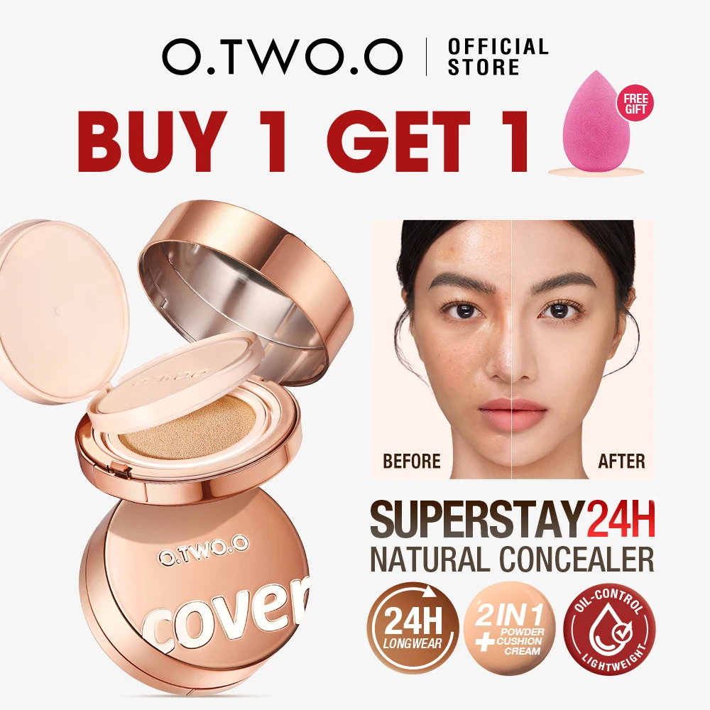 O.TWO.O Air Cushion Cream Face Powder 24h 2 In 1 Long-Lasting Oil-control Matte Soft Focus Concealer Makeup Pressed Powder Cream