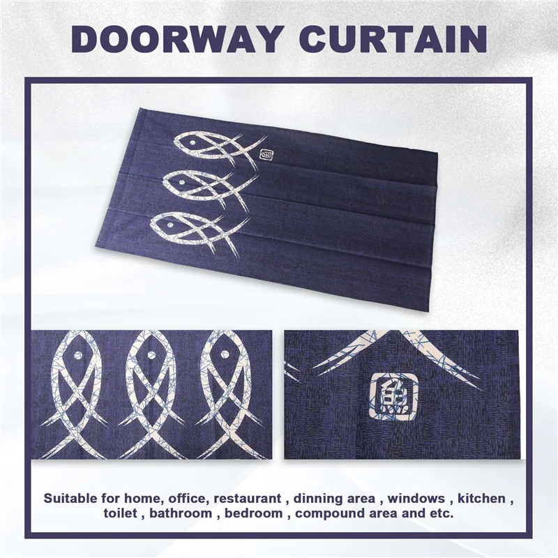 ABGR-ستارة المدخل نورين اليابانية نسيج السمك ذو الطابع القديم للديكور المنزلي أزرق 33 × 59 بوصة