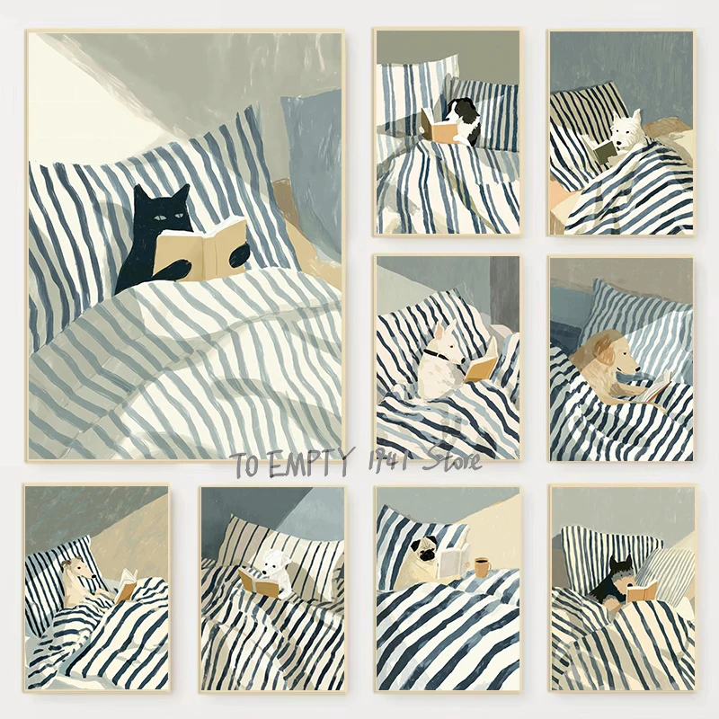 Gato negro galgo Scottie Westie Cockapoo perro lectura acogedor dormitorio cartel de libros lienzo pintura cuadro de pared decoración de amante de los perros
