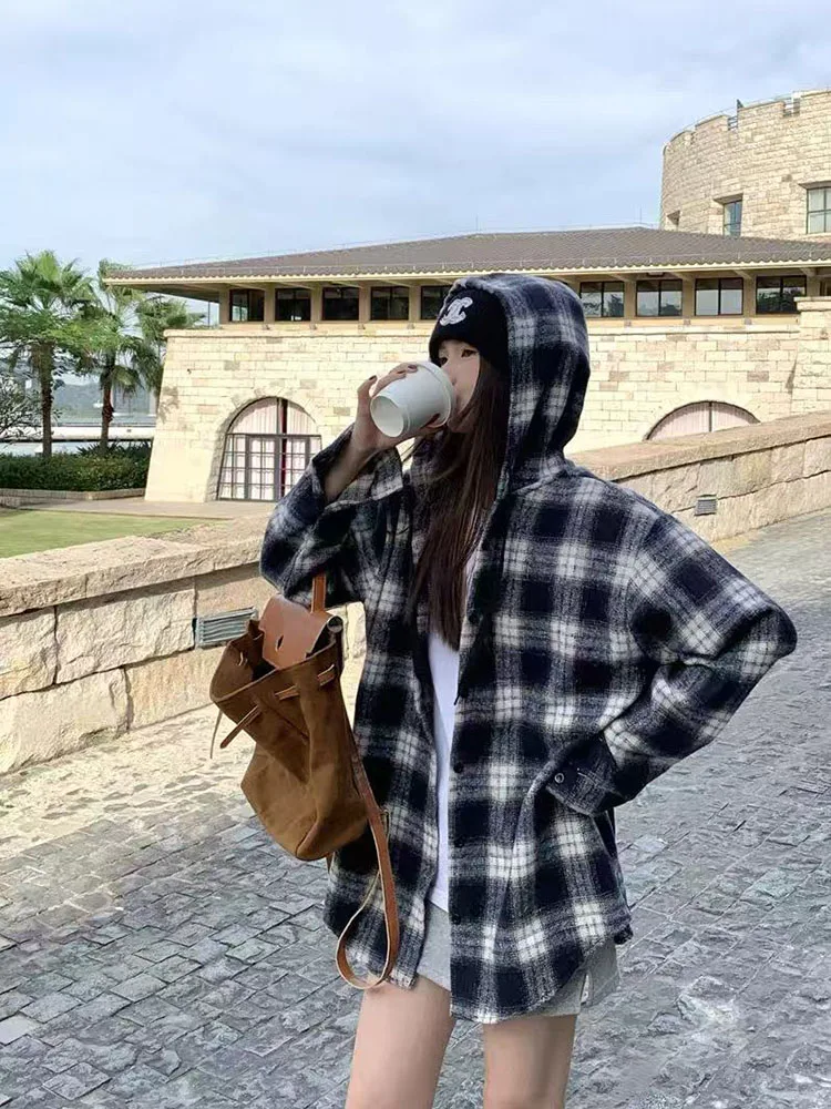 Vintage Faux Wool Hooded Sweatshirt Women Autumn Winter Loose Lazy Style Plaid Blouse Bf Japanese All Match Long Sleeved Top