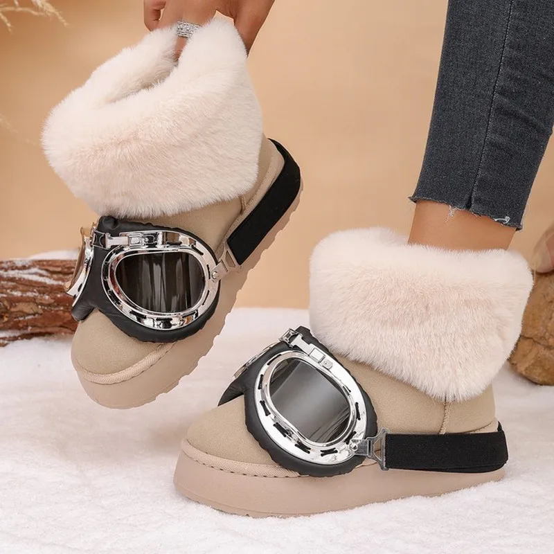 Fashion Winter Glasses Decor Thick Soled Comfort Women's Snow Boots New 2026 Fleece Lined Warm Round Toe Casual Boots for Women