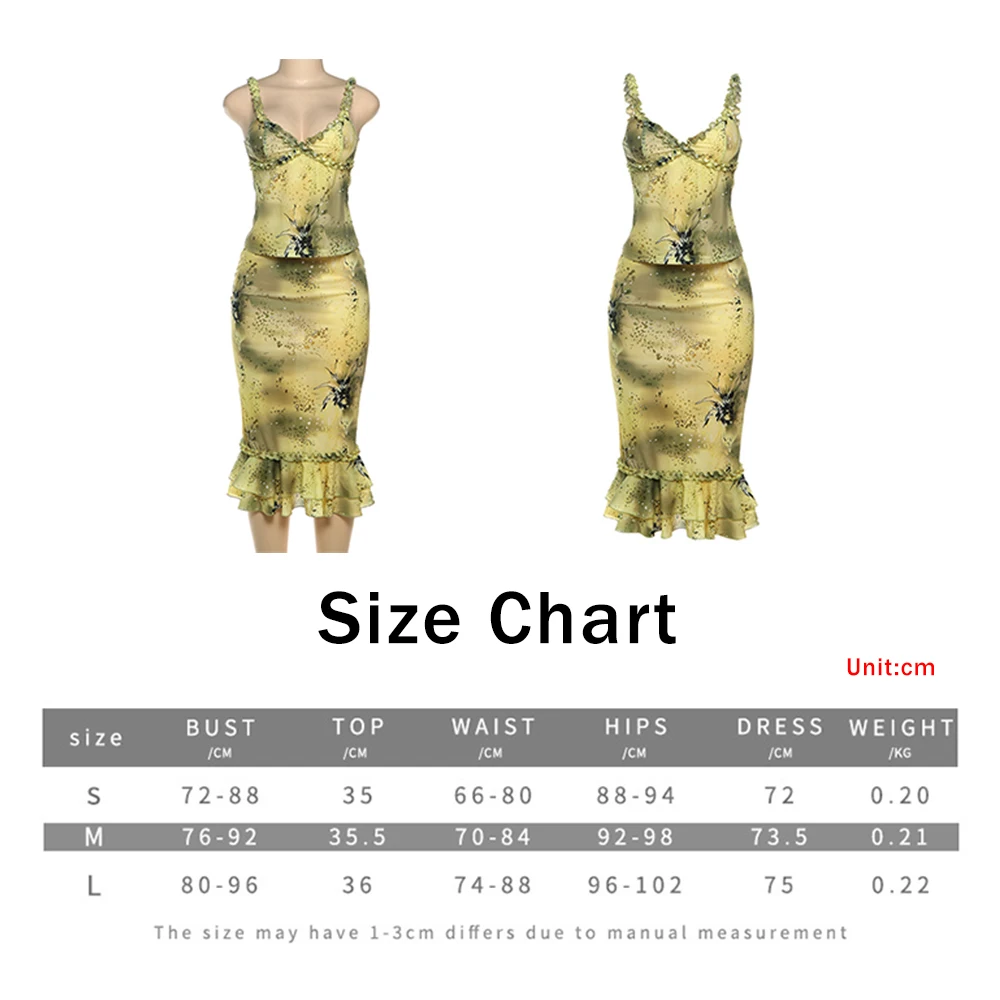 Women's Dress 2 Piece Floral Print Satin Outfit Ruffle Trim Cami Top Midi Skirt Set Y2K Vintage Bodycon Dress for Vacation Party view 6