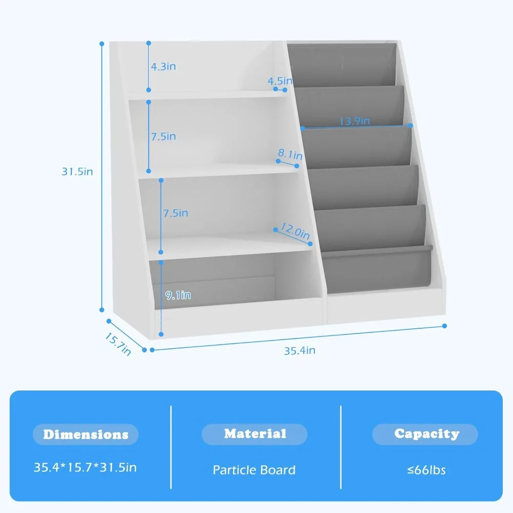 Bookcase, 4 Tier Kids Wooden Bookshelf, Five Layer Sling Bookcases, Book and Toy Organizer Cabinet, Book Display, Bookcase