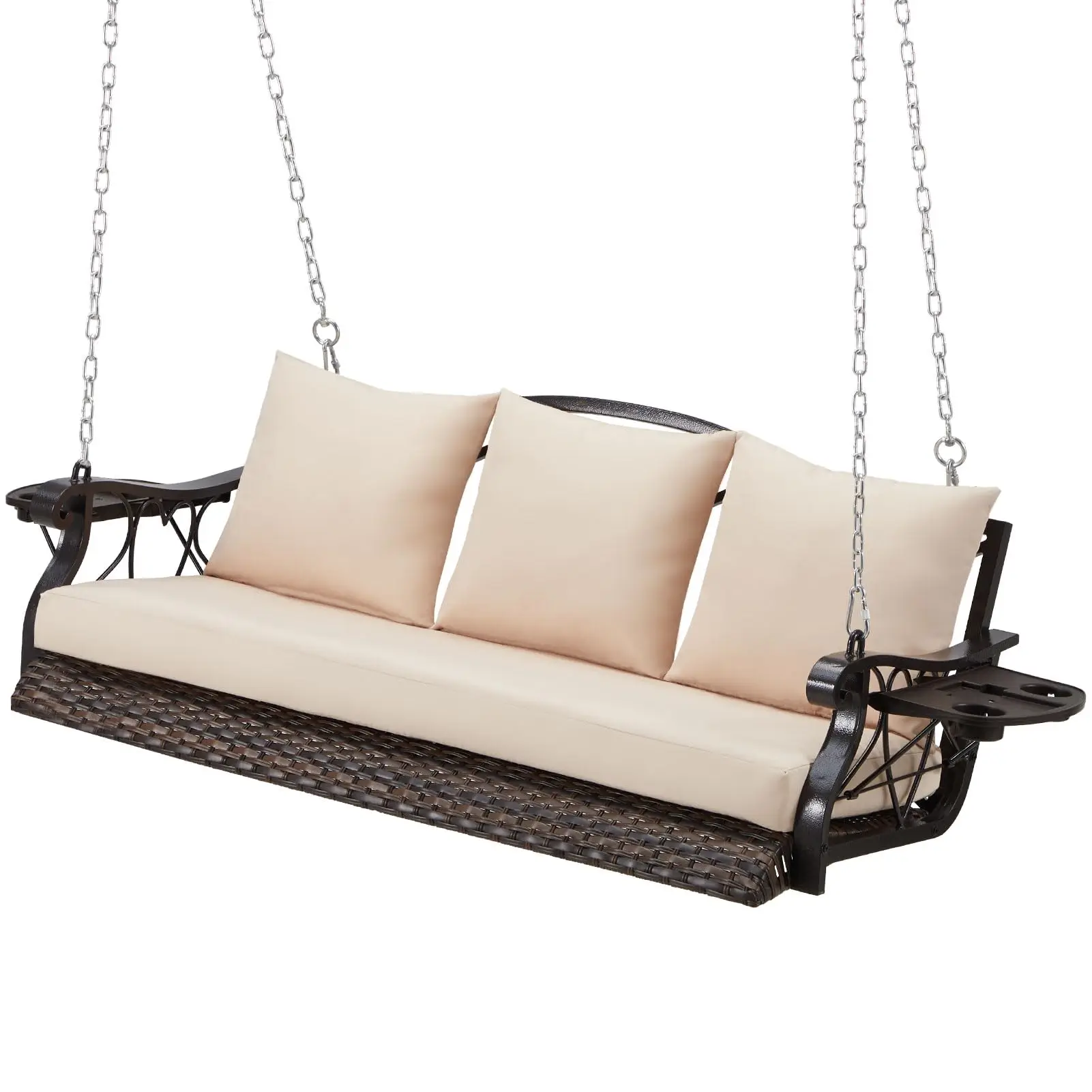 3-Person Wicker Porch Swing Chair Heavy Duty 900 LBS Outdoor Rattan Patio Swing Chair w/Cup-Holder & Steel Chains