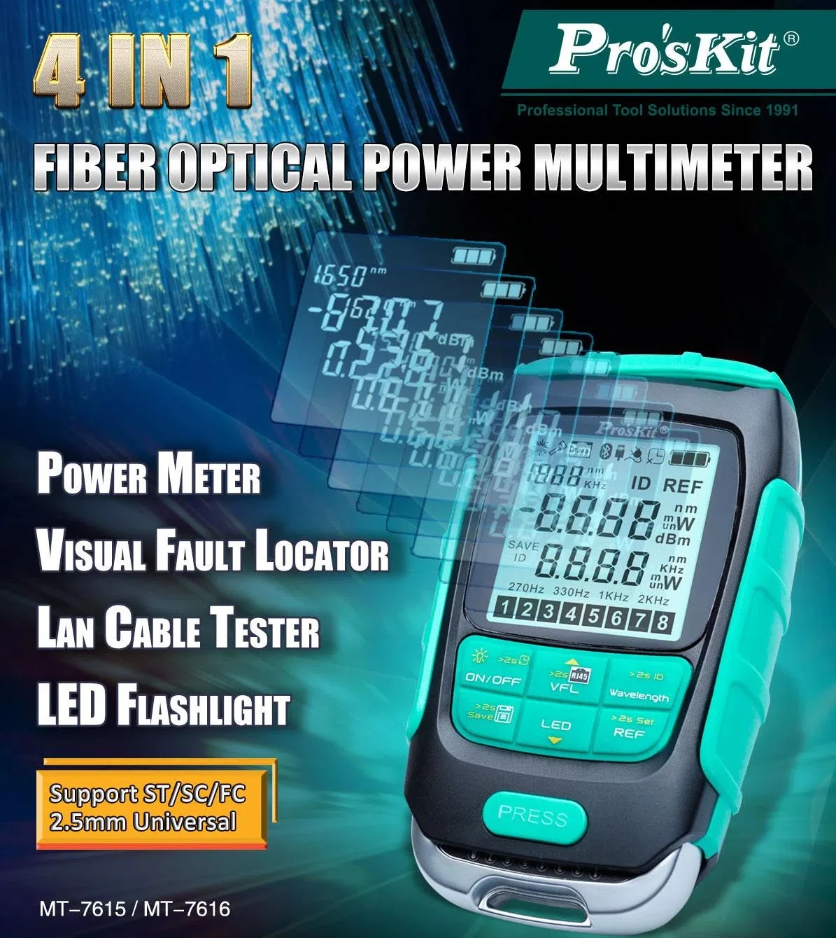 

Proskit MT-7615/7616 Optical Power Meter 4 in 1 Multifunction Fiber Network/Disconnection/Lan Cable Tester Visual Fault Locator