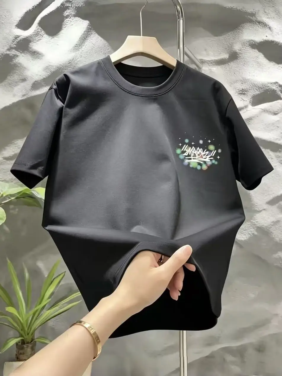 Summer New Men Cute Cartoon Spray Paint Graffiti Letter Print White Black Loose Casual Daily Round Neck Short Sleeve T-Shirt