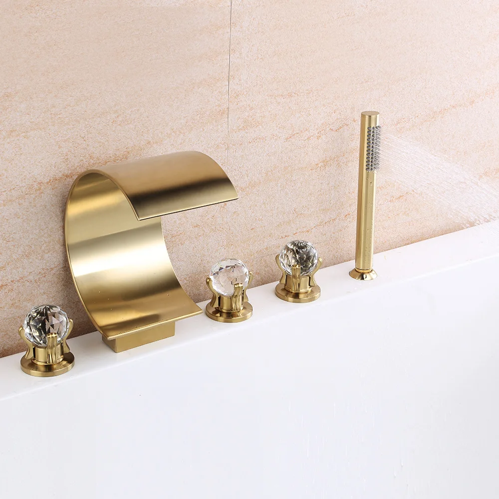 MTTUZK Brass Brushed Gold Waterfall Widespread Bathtub Faucet with Hand Shower Crystal handle 5 hole Bathtub Faucet set