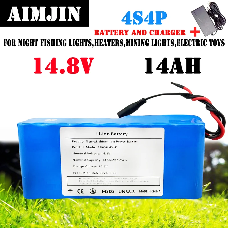 14.8V 14Ah 18650 Lithium Battery Pack 4S4P 16.8V LED Night Fishing Light Heater Miner's Light Amplifier Battery BMS + Charger