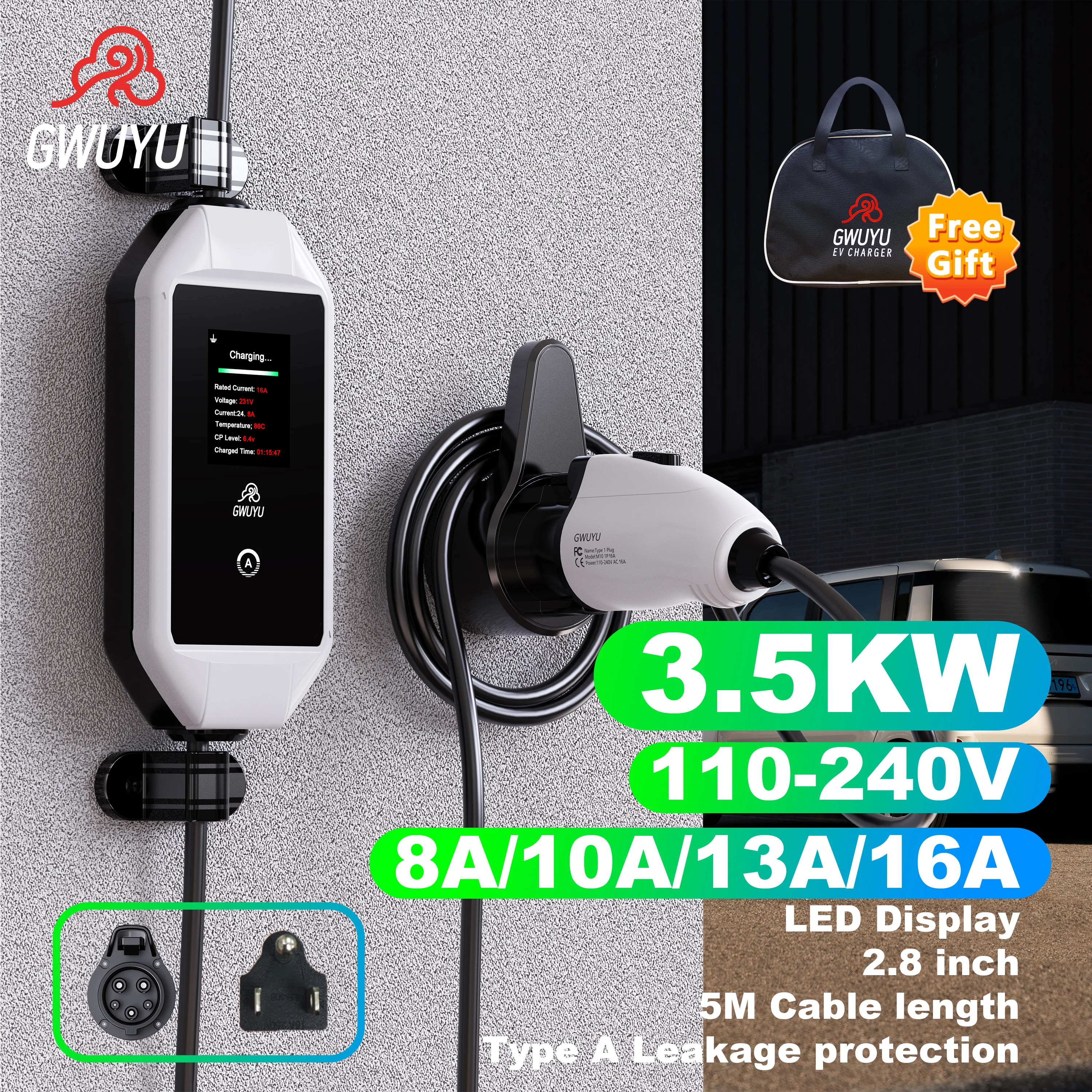 GWUYU M64-1 EVSE Portable Fast Charger for Electric Car Type 1 Sae J1772 7.6KW 32A 5M Charging Cable Led Display Vehicle Charger
