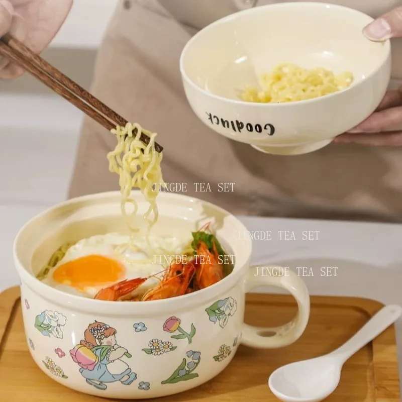 Cute Cartoon Ceramic Bowl with Lid and Spoon Goodluck Pattern Breakfast Cup with Handle for Soup Oatmeal and Noodles