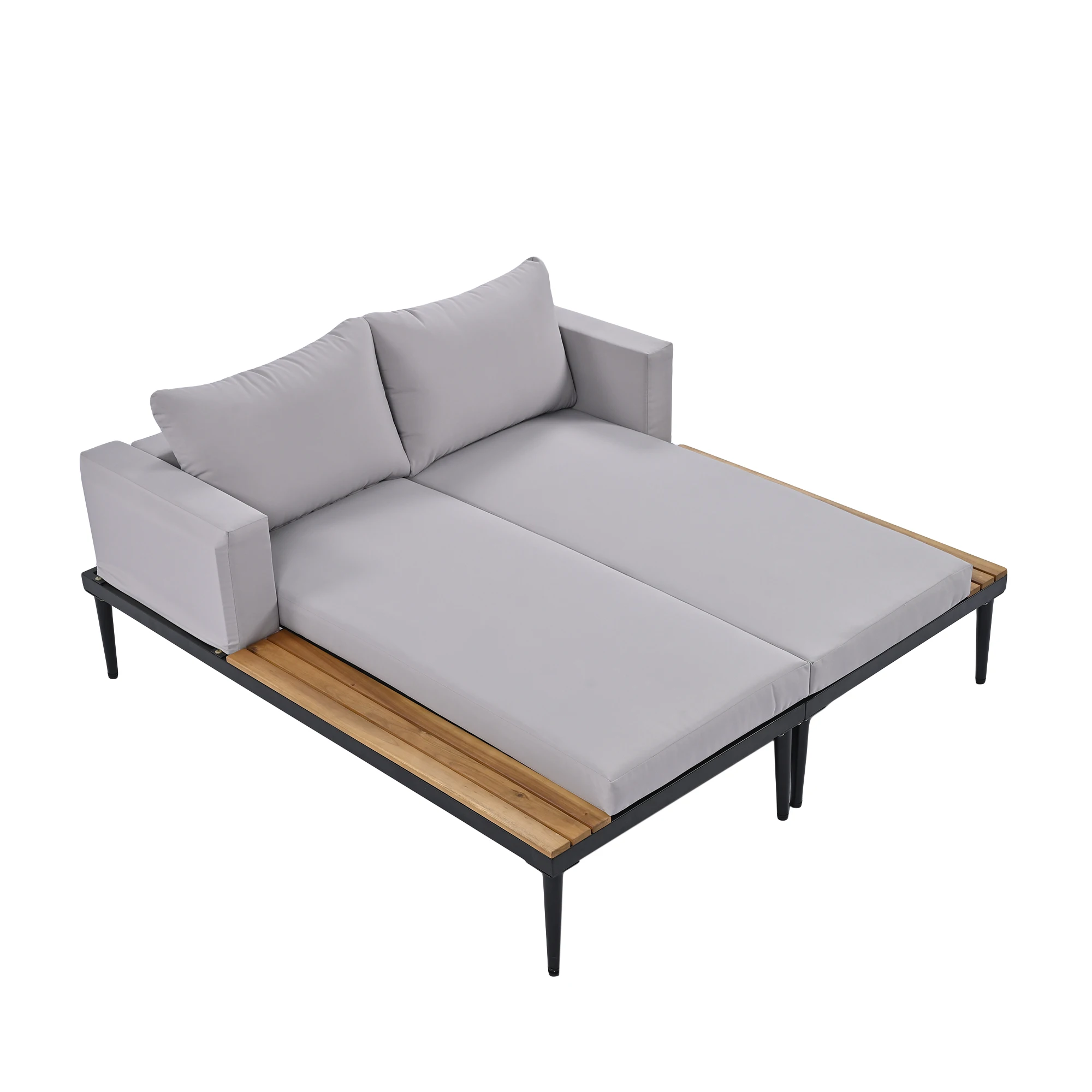 

Modern Outdoor Metal Daybed Wood Topped Side Spaces Drinks 2 in 1 Padded Chaise Lounges for Poolside Balcony
